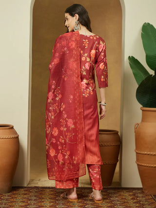 Rust Cotton Blend Floral Print Suit Set with Chanderi Blend Dupatta