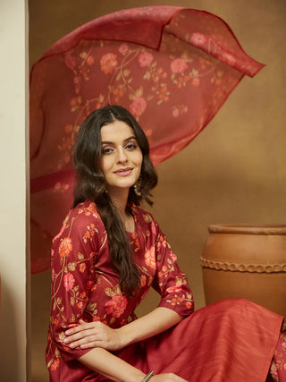 Rust Cotton Blend Floral Print Suit Set with Chanderi Blend Dupatta