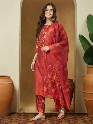 Rust Cotton Blend Floral Print Suit Set with Chanderi Blend Dupatta