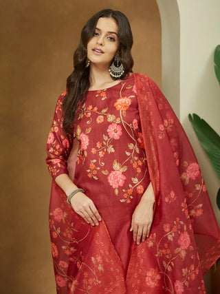 Rust Cotton Blend Floral Print Suit Set with Chanderi Blend Dupatta