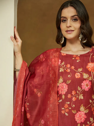 Rust Cotton Blend Floral Print Suit Set with Chanderi Blend Dupatta