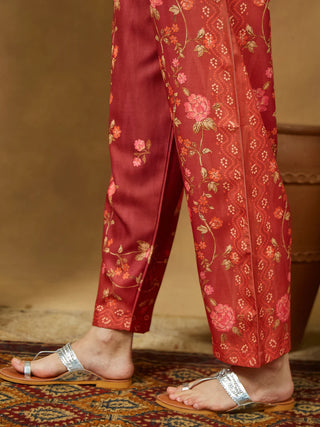 Rust Cotton Blend Floral Print Suit Set with Chanderi Blend Dupatta