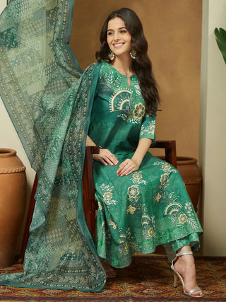 Sage Green Cotton Floral Print Anarkali Shape Suit Set with Chanderi Blend Dupatta
