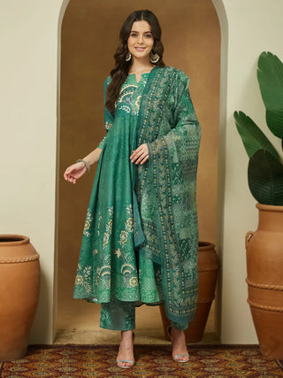 Sage Green Cotton Floral Print Anarkali Shape Suit Set with Chanderi Blend Dupatta