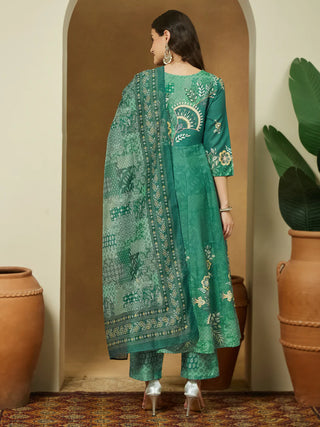 Sage Green Cotton Floral Print Anarkali Shape Suit Set with Chanderi Blend Dupatta