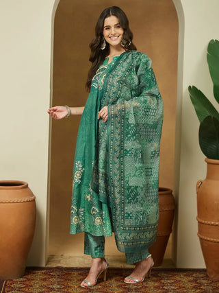 Sage Green Cotton Floral Print Anarkali Shape Suit Set with Chanderi Blend Dupatta