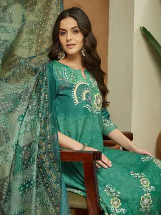Sage Green Cotton Floral Print Anarkali Shape Suit Set with Chanderi Blend Dupatta