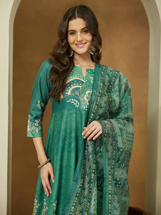 Sage Green Cotton Floral Print Anarkali Shape Suit Set with Chanderi Blend Dupatta