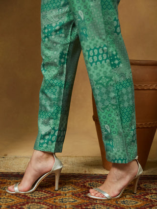 Sage Green Cotton Floral Print Anarkali Shape Suit Set with Chanderi Blend Dupatta