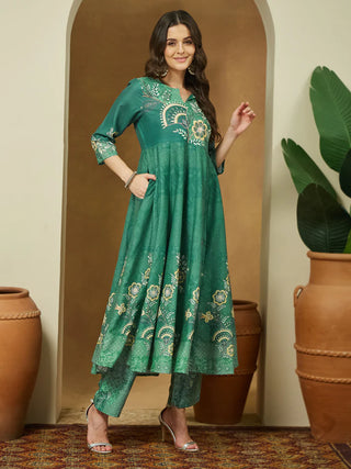 Sage Green Cotton Floral Print Anarkali Shape Suit Set with Chanderi Blend Dupatta