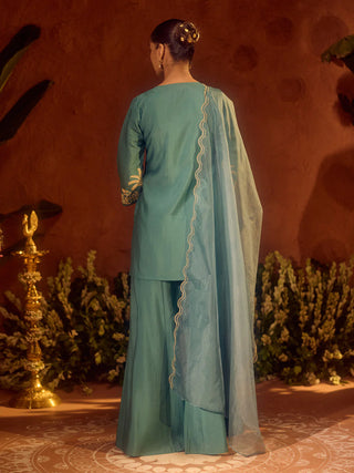 Sea Green Viscose Chanderi Embroidered Ethnic Straight Kurta Set with Dupatta
