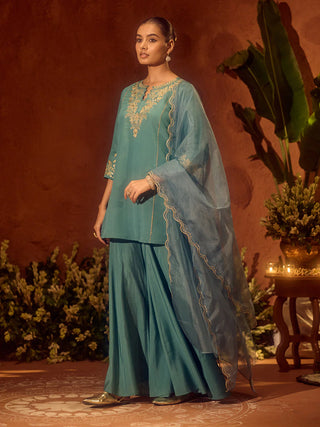 Sea Green Viscose Chanderi Embroidered Ethnic Straight Kurta Set with Dupatta
