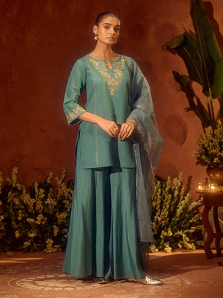 Sea Green Viscose Chanderi Embroidered Ethnic Straight Kurta Set with Dupatta