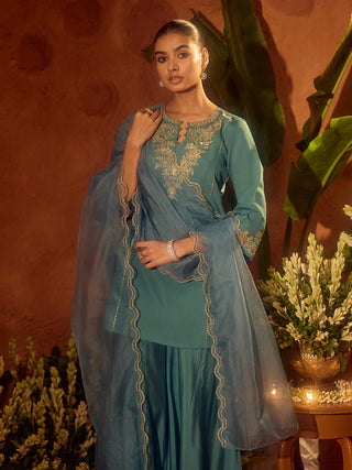Sea Green Viscose Chanderi Embroidered Ethnic Straight Kurta Set with Dupatta