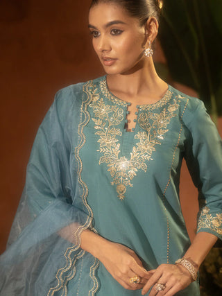 Sea Green Viscose Chanderi Embroidered Ethnic Straight Kurta Set with Dupatta