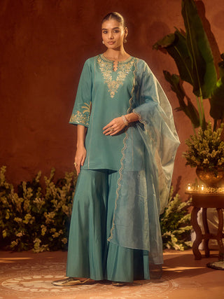 Sea Green Viscose Chanderi Embroidered Ethnic Straight Kurta Set with Dupatta