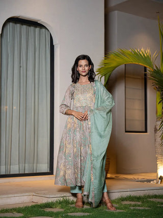 Sea Green Organic Cotton Floral Print & Embroidered Kurta with Mal Mal Cotton Bottom & Voile Dupatta