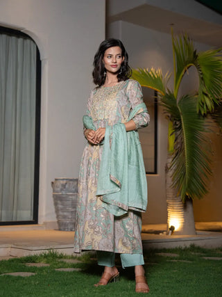 Sea Green Organic Cotton Floral Print & Embroidered Kurta with Mal Mal Cotton Bottom & Voile Dupatta