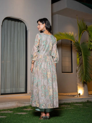 Sea Green Organic Cotton Floral Print & Embroidered Kurta with Mal Mal Cotton Bottom & Voile Dupatta