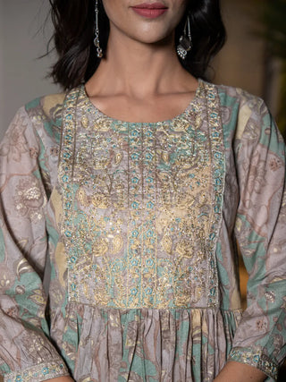 Sea Green Organic Cotton Floral Print & Embroidered Kurta with Mal Mal Cotton Bottom & Voile Dupatta