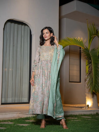 Sea Green Organic Cotton Floral Print & Embroidered Kurta with Mal Mal Cotton Bottom & Voile Dupatta