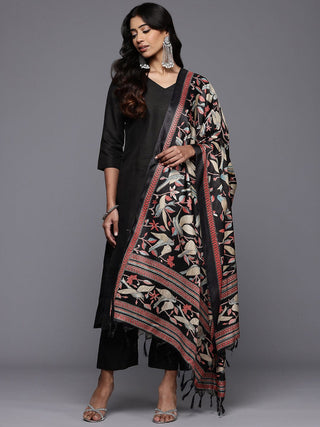 Solid Black Cotton Blend Suit Set with Silk Blend Printed Dupatta Set