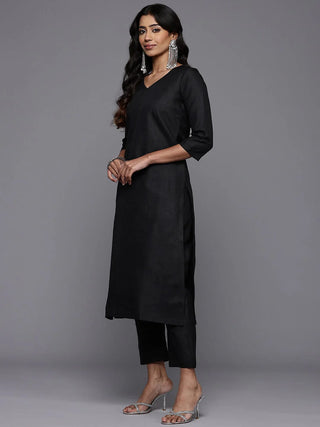 Solid Black Cotton Blend Suit Set with Silk Blend Printed Dupatta Set