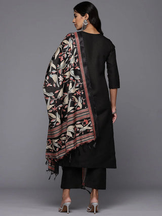 Solid Black Cotton Blend Suit Set with Silk Blend Printed Dupatta Set