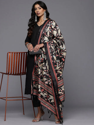 Solid Black Cotton Blend Suit Set with Silk Blend Printed Dupatta Set