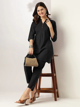 Black Solid Cotton A Line Kurta Bottom Set