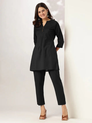 Black Solid Cotton A Line Kurta Bottom Set