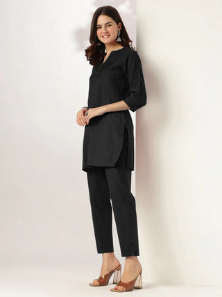 Black Solid Cotton A Line Kurta Bottom Set