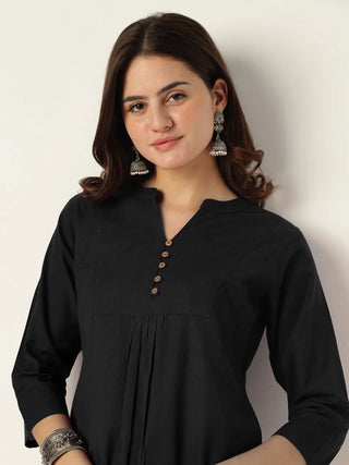 Black Solid Cotton A Line Kurta Bottom Set