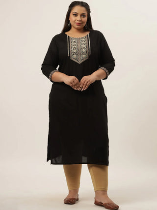 Black Viscose Rayon Floral Embroidered Print & Thread Detailing Chikankari Kurta