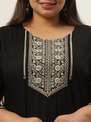 Black Viscose Rayon Floral Embroidered Print & Thread Detailing Chikankari Kurta