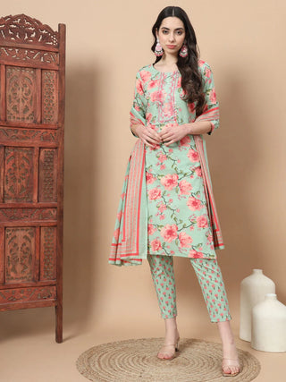 Sea Green Cotton Thread Work & Ethnic Motif Print Straight Shape Suit Set with Dupatta