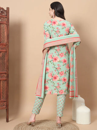 Sea Green Cotton Thread Work & Ethnic Motif Print Straight Shape Suit Set with Dupatta