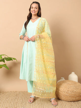 Sea Green Cotton Thread Embroidered aA Line Suit Set with Contrast Organza Dupatta