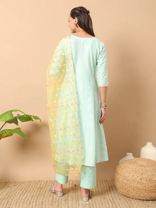 Sea Green Cotton Thread Embroidered A Line Suit Set with Contrast Organza Dupatta