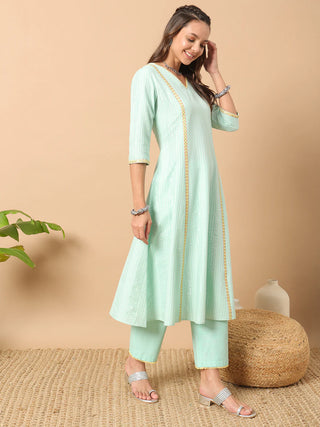 Sea Green Cotton Thread Embroidered A Line Suit Set with Contrast Organza Dupatta