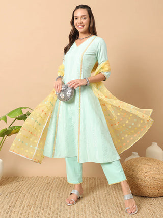 Sea Green Cotton Thread Embroidered A Line Suit Set with Contrast Organza Dupatta