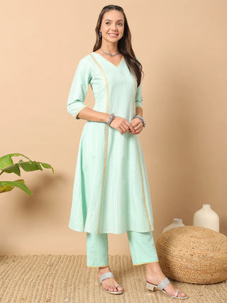 Sea Green Cotton Thread Embroidered A Line Suit Set with Contrast Organza Dupatta