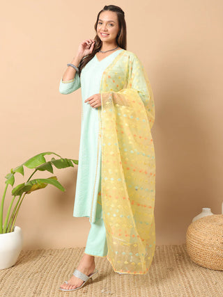 Sea Green Cotton Thread Embroidered A Line Suit Set with Contrast Organza Dupatta