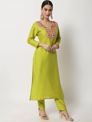 Silk Lime Green Embroidered Suit Set with Chiffon Dupatta