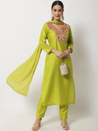 Silk Lime Green Embroidered Suit Set with Chiffon Dupatta
