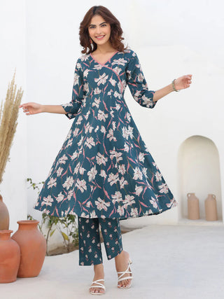 Teal Blue Cotton A Line Printed Kurta Bottom Set