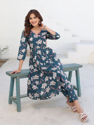 Teal Blue Cotton A Line Printed Kurta Bottom Set