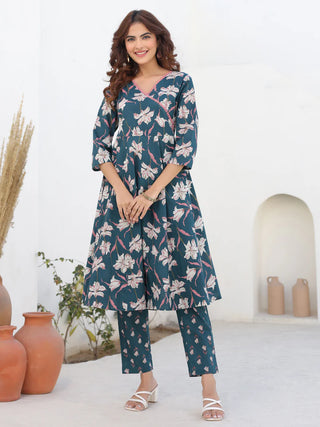 Teal Blue Cotton A Line Printed Kurta Bottom Set