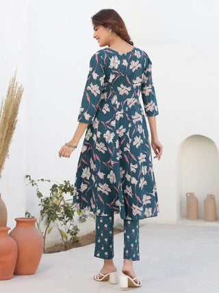Teal Blue Cotton A Line Printed Kurta Bottom Set