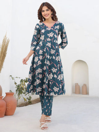 Teal Blue Cotton A Line Printed Kurta Bottom Set